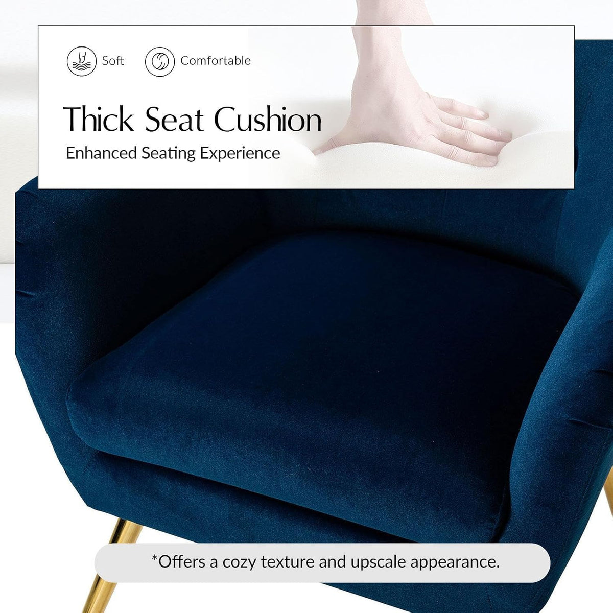 Angled view of the plush navy seat cushion and inner arm, highlighting the thick padded seat.