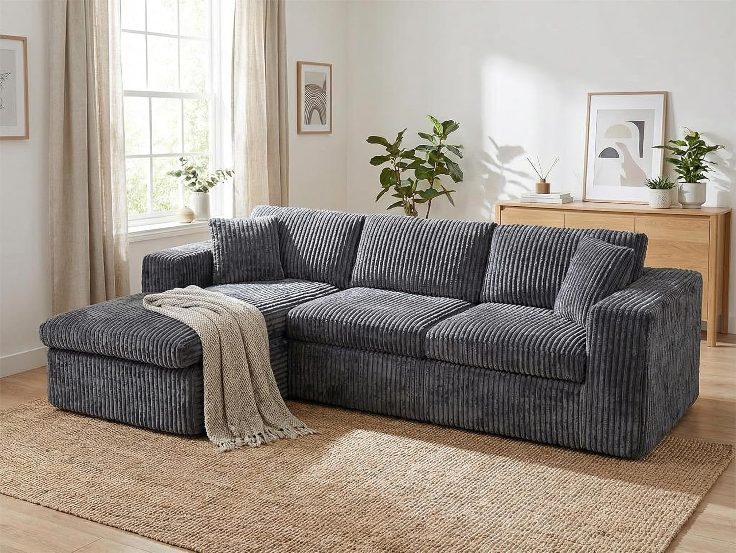 105" Boneless Couches for Living Room,Sectional Couches Modular Sofa with L-Shaped Chaise, Memory Foam Comfy Cloud Couch with Plush Corduroy Fabric, No Assembly Required, (Dark Grey)
