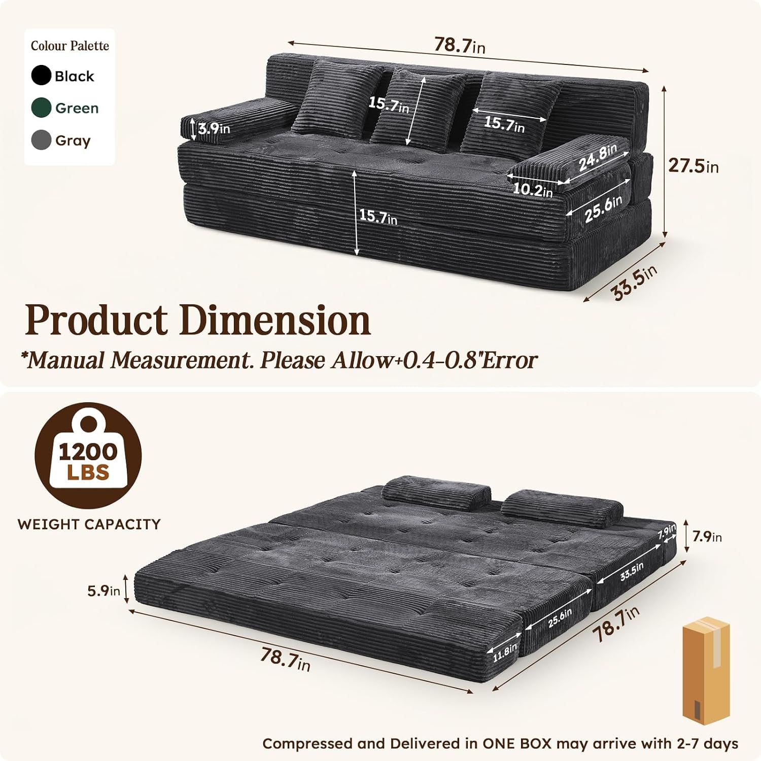 Diagram with dimensions showing sofa measurements 78.7in x 33.5in and labeled armrest and cushion sizes