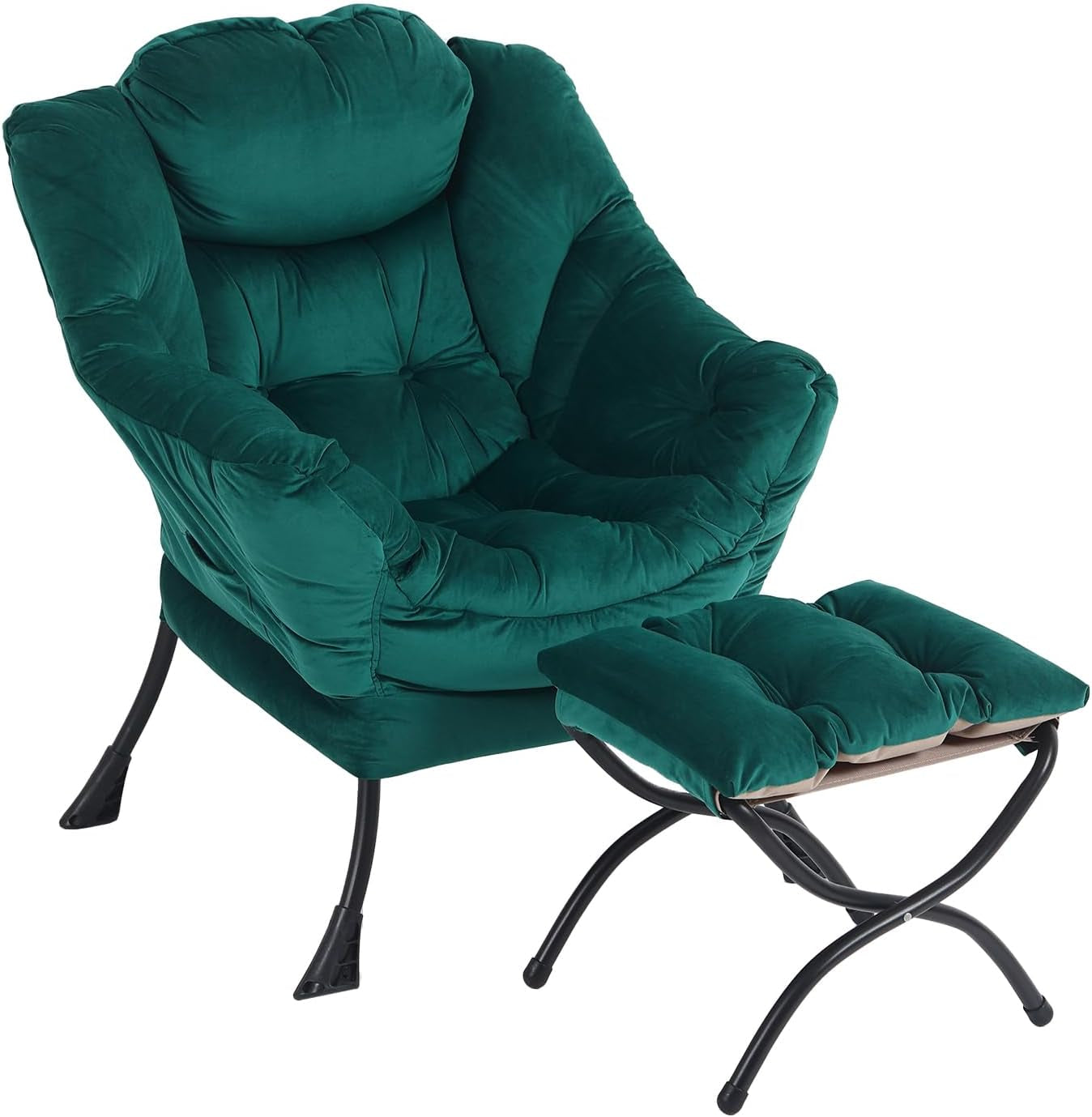 Green cushioned lounge chair angled with matching padded ottoman on black metal legs