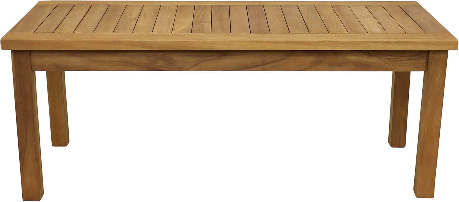 Straight-on frontal shot of the full teak coffee table against a white background.