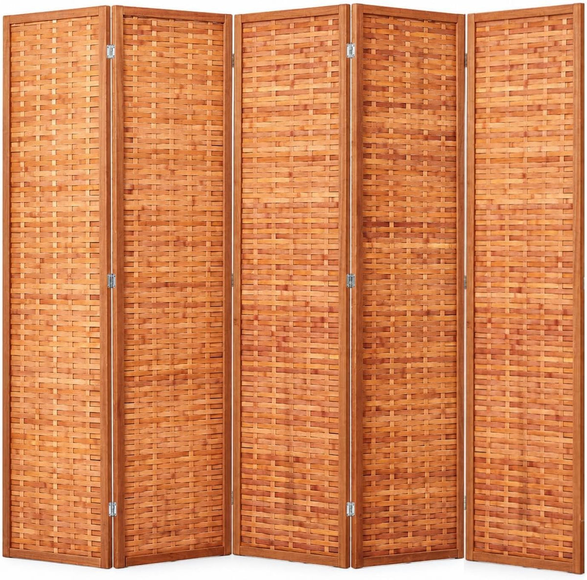Studio shot of a tall woven wood folding screen with warm brown tones against a plain white background.
