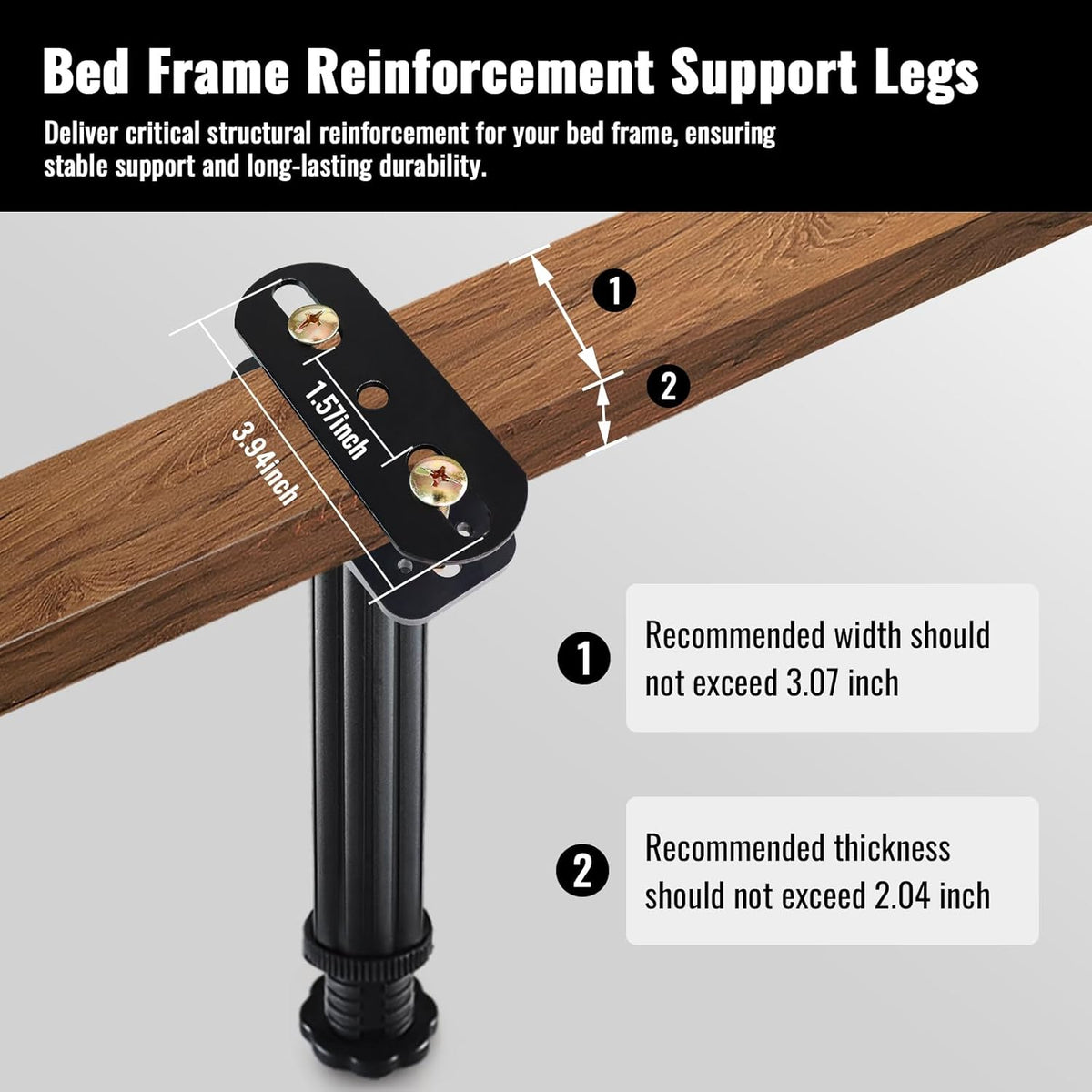Close-up of a black support leg bolted to a wooden slat showing the mounting plate and screw placement.