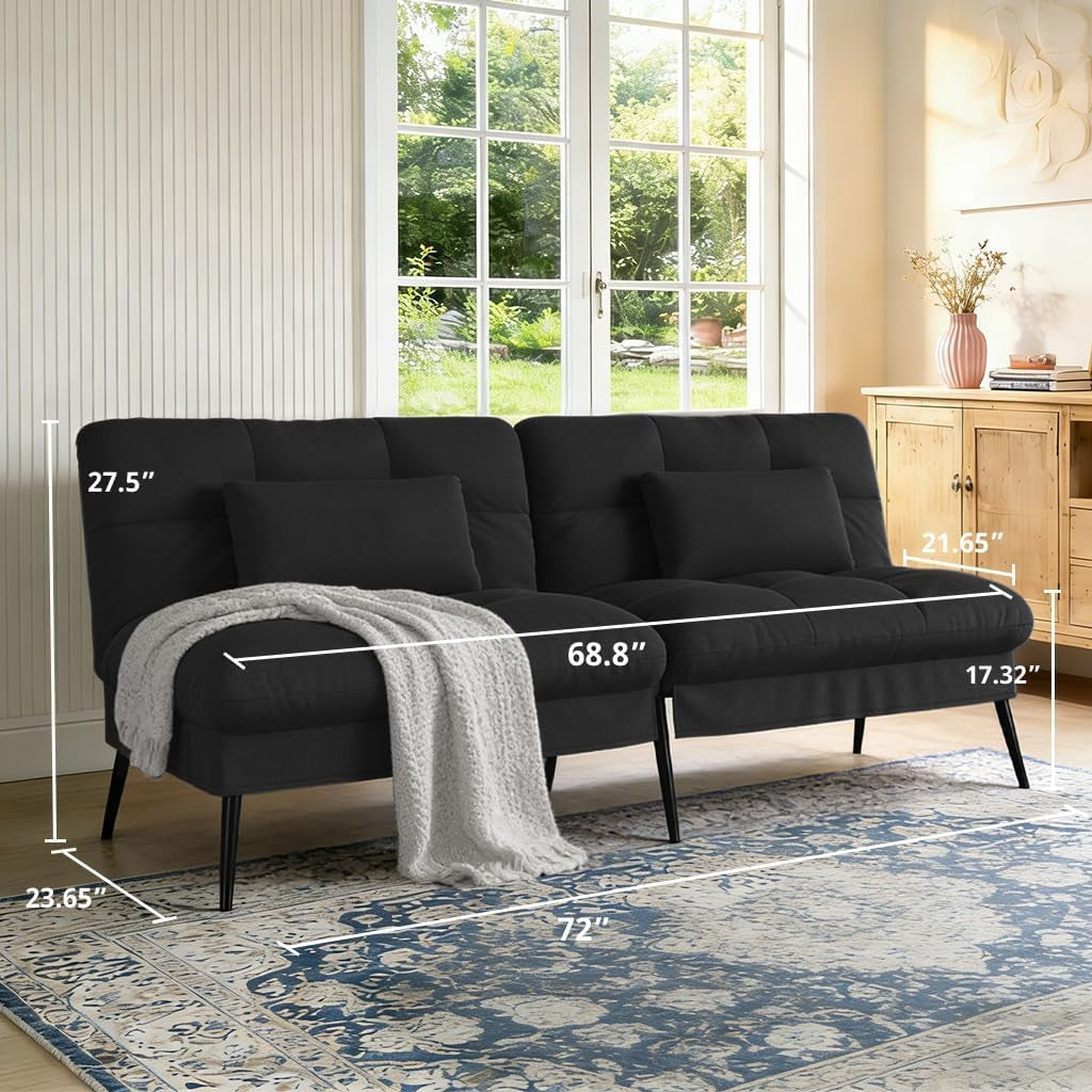 Black futon sofa front view with measurement overlays showing 72" length and other dimensions