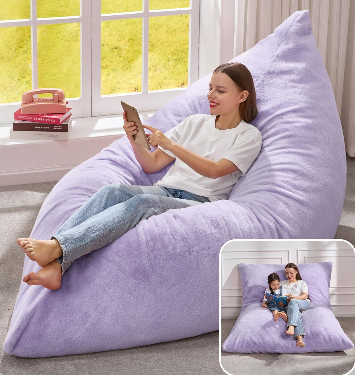 Woman sitting on a soft lavender oversized beanbag chair by a window, small inset shows chair folded flat as a floor lounger.