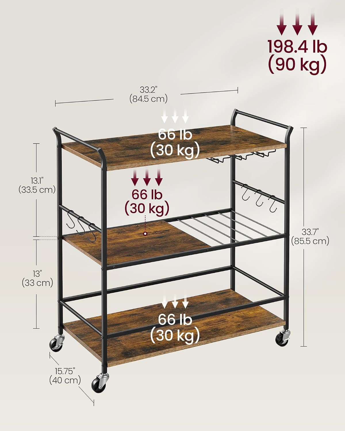 Bar cart product diagram showing overall dimensions, three shelf layout and caster positions.