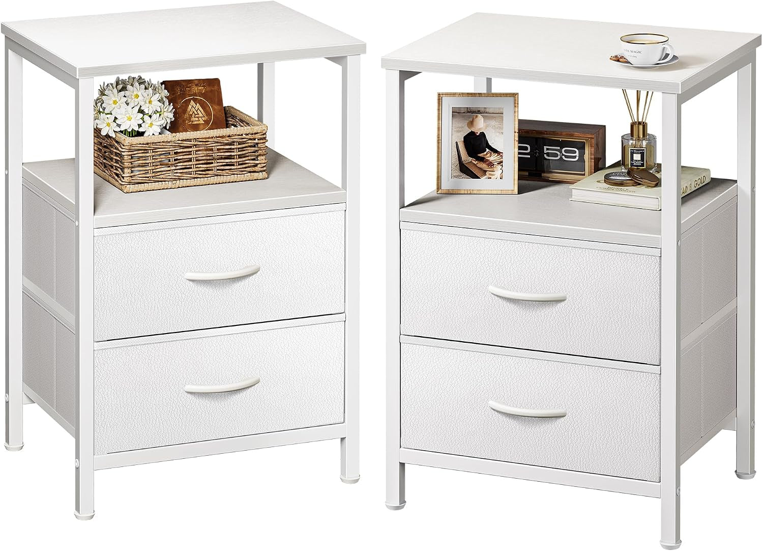 Two white nightstands with white frames, open shelf and two white textured drawers, shown with a small basket and