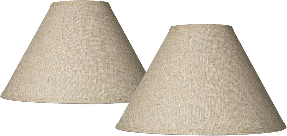 Pair of natural burlap-look empire lamp shades angled front view on a white background