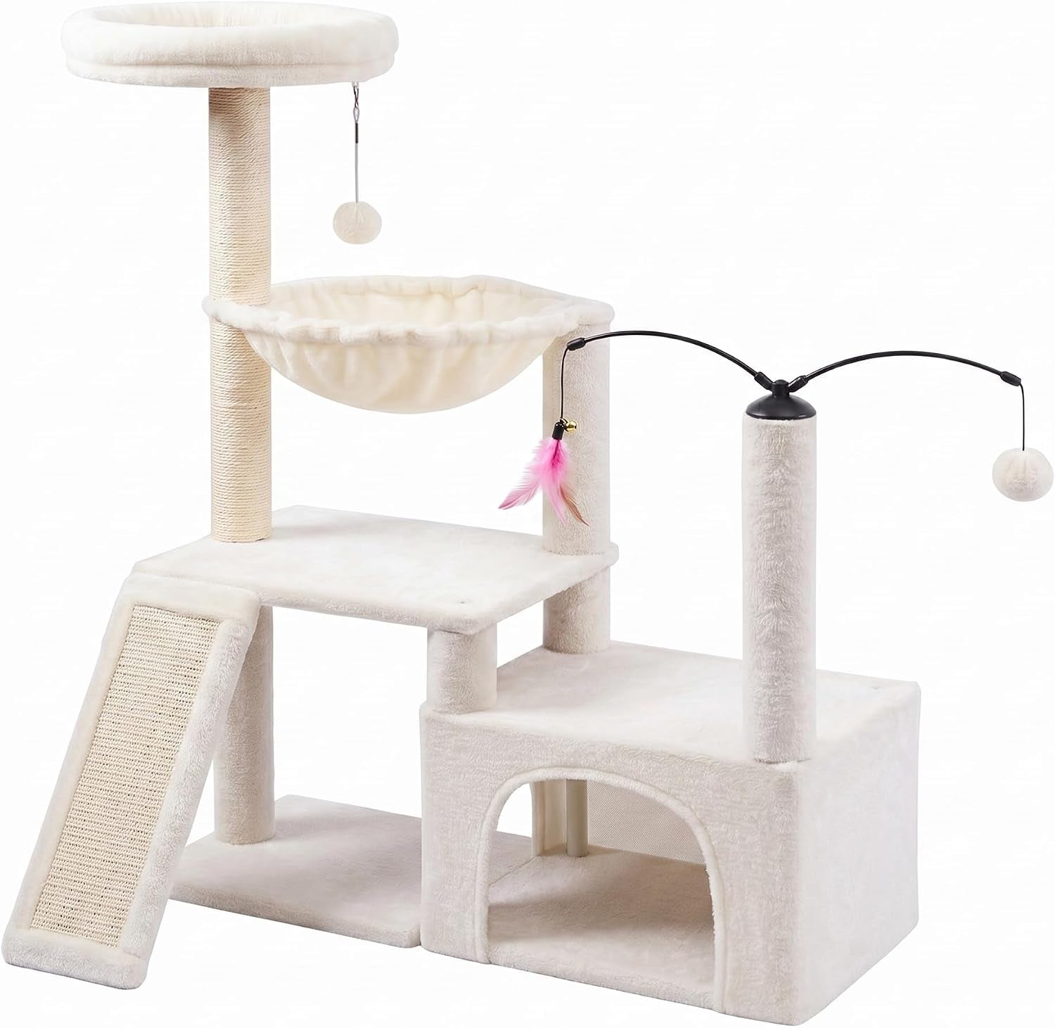 Cream-colored cat tree with ramp, condo, hammock and dangling feather toy on white background.