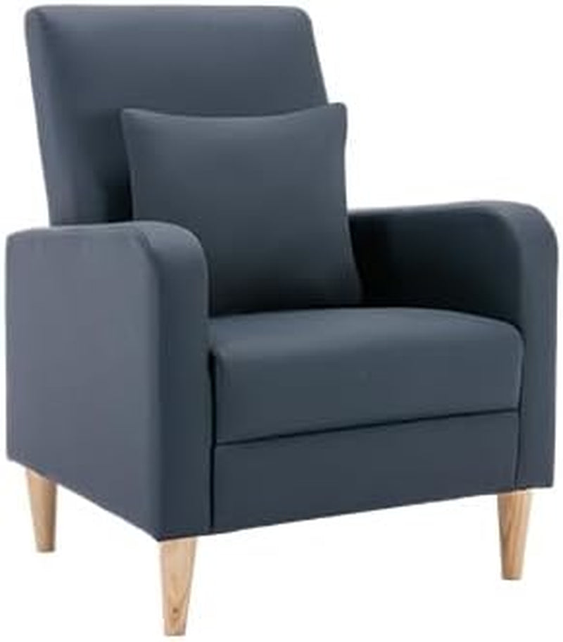 Single high-back accent chair with removable pillow and tapered wood legs on white background