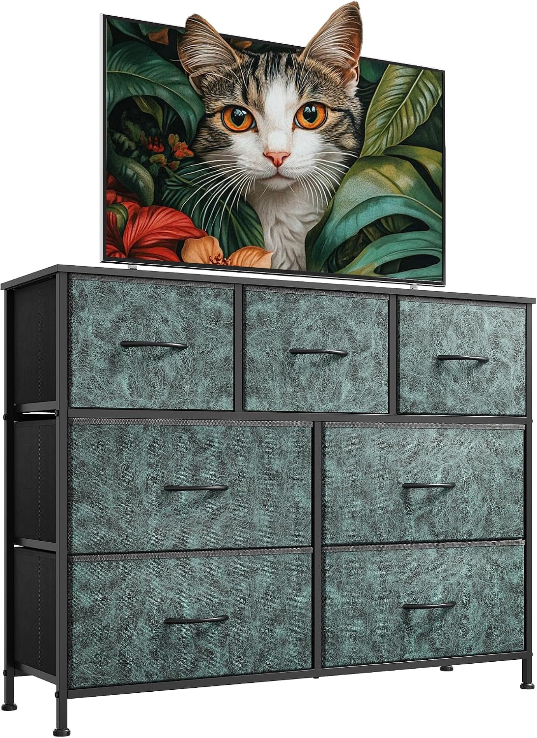 Dresser in textured teal fabric drawers with black metal frame shown under a TV displaying a cat portrait