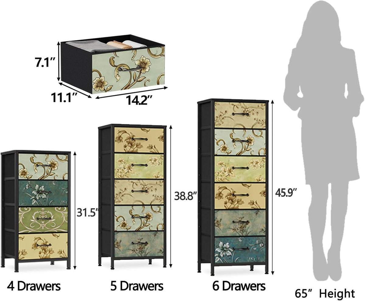 Close-up of one floral fabric drawer pulled out showing folded clothes inside and arrows showing its dimensions.