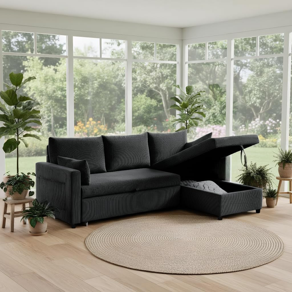Gray sectional with the chaise lid lifted to reveal storage inside, staged by large windows.