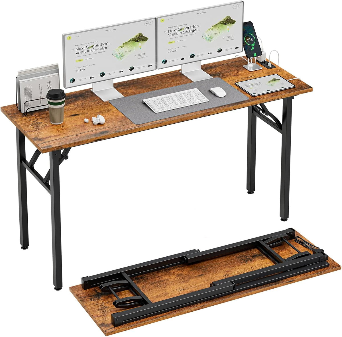 Rustic wood tabletop lying flat with the black folding leg frame collapsed and placed on top for storage or transport.