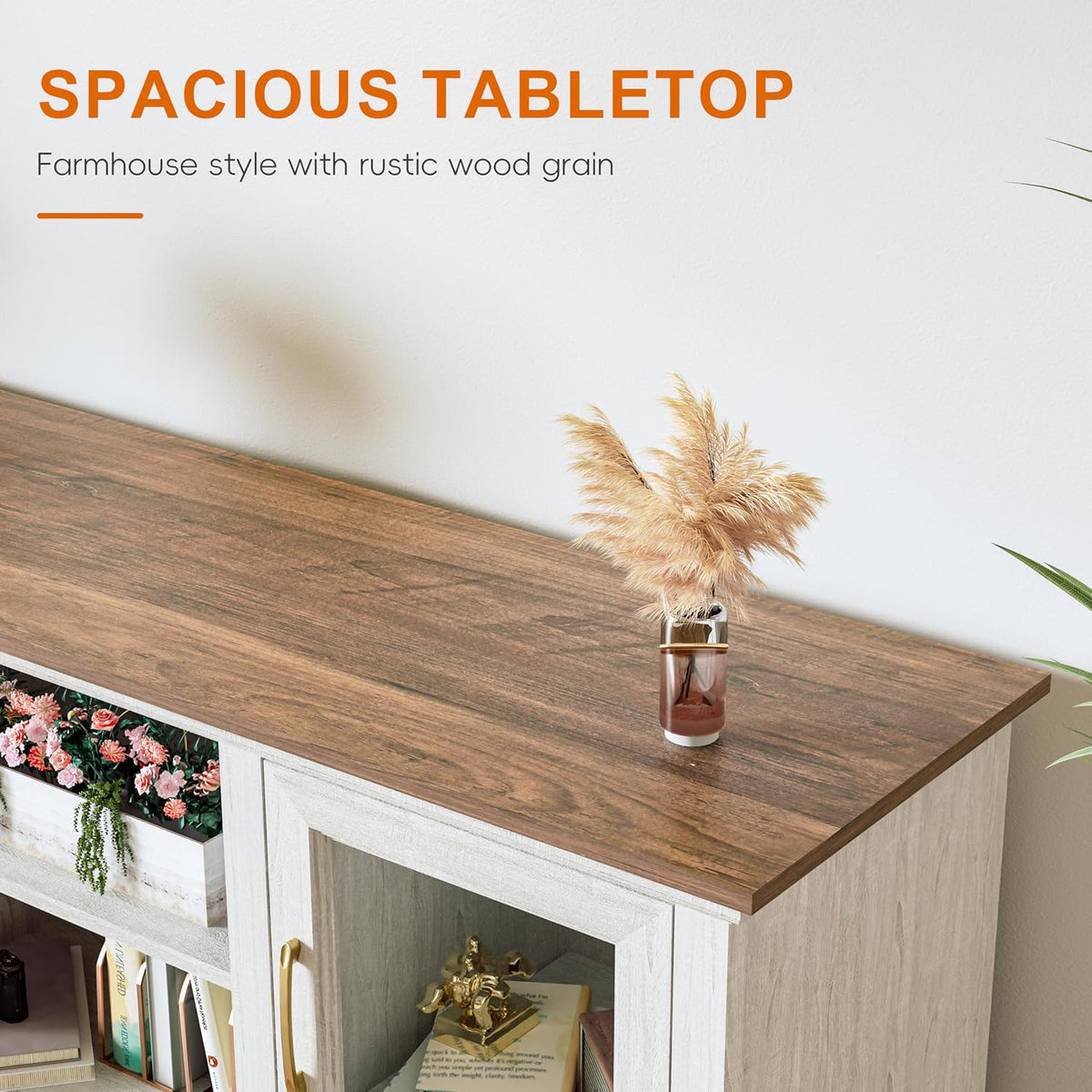 Close-up of the wood-grain tabletop and rustic white cabinet top with a vase placed at the corner