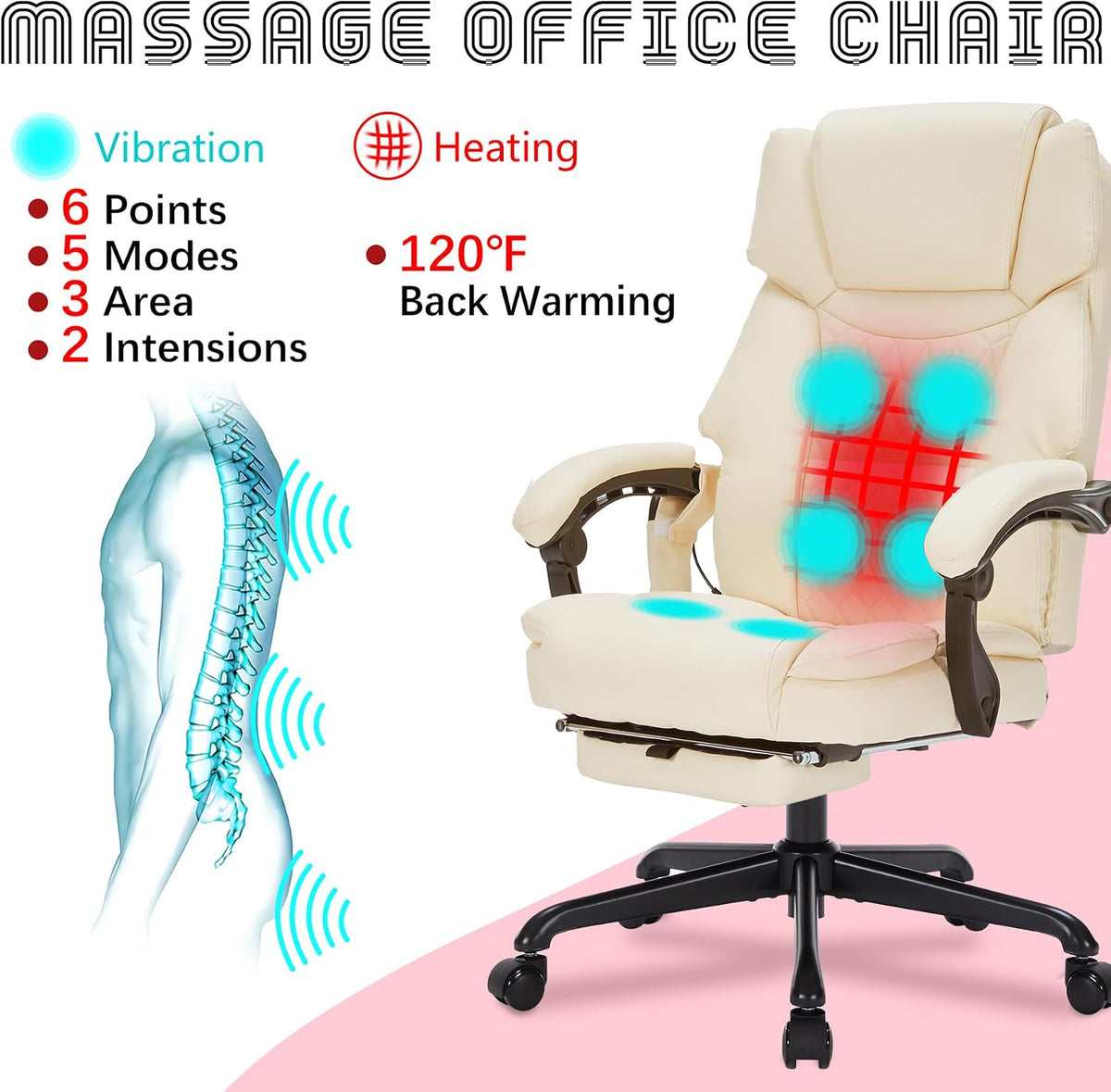 Cream office chair front view with graphic showing 6-point vibration on back and seat and heat icon