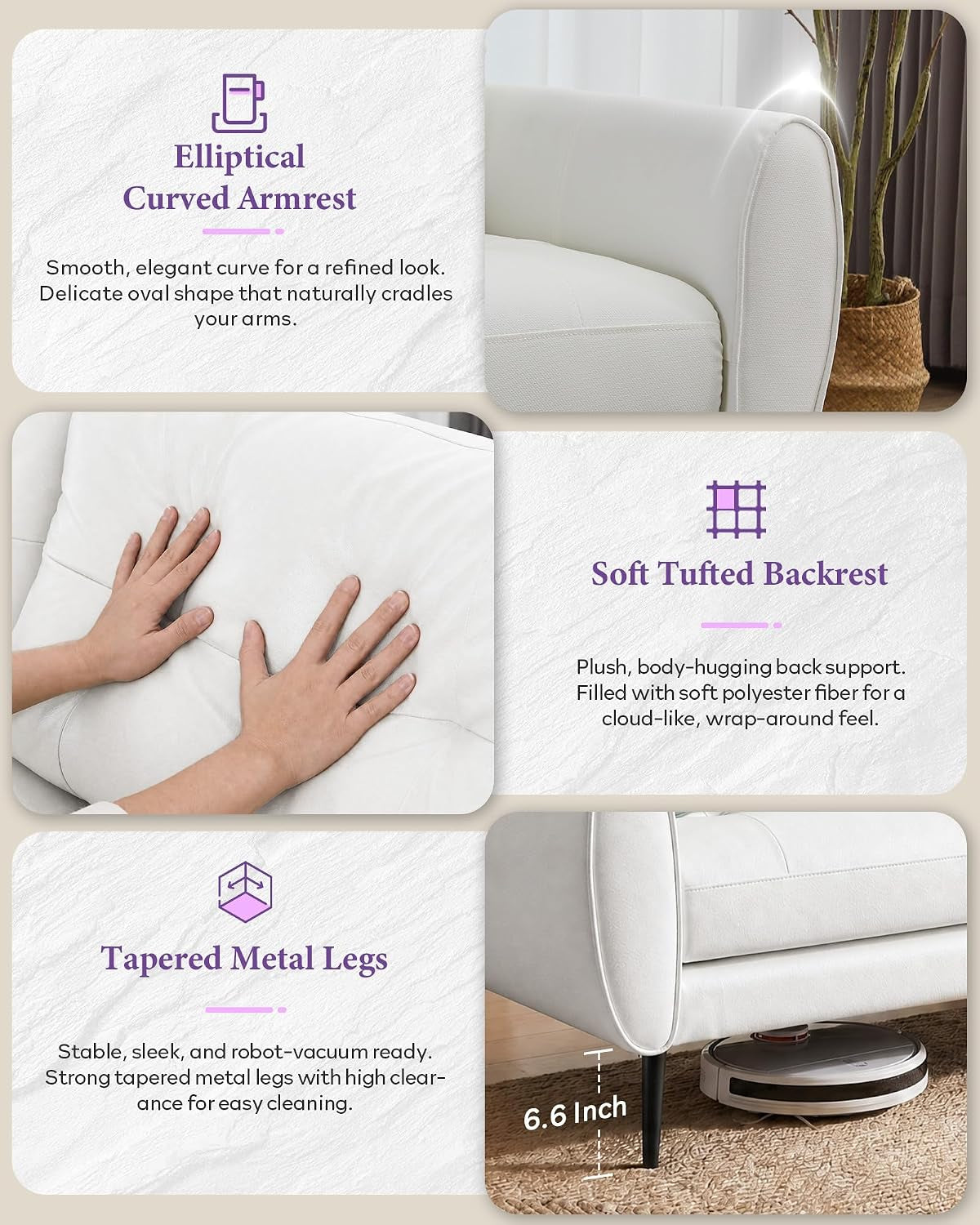 Four panels highlighting armrest curve, tufted back with hands pressing, tapered metal leg with robot vacuum underneath.