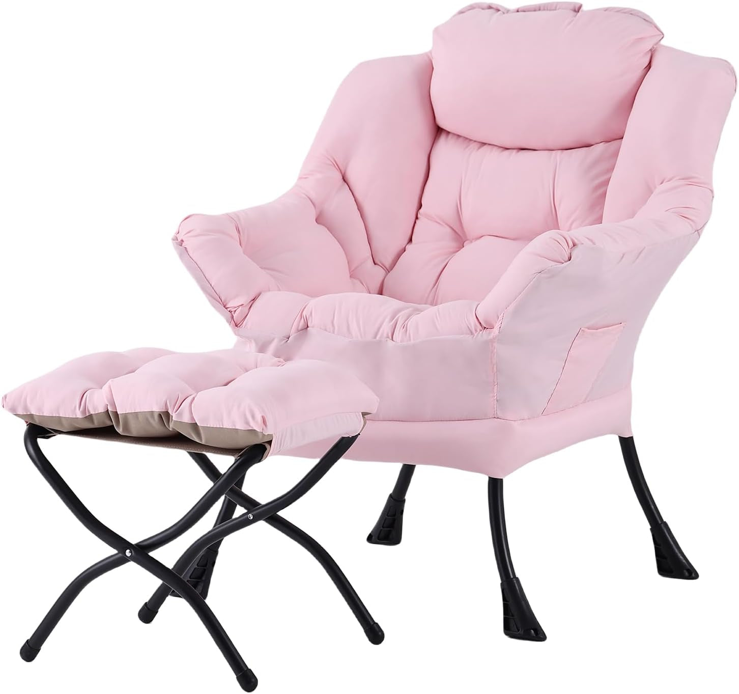 Pink tufted lounge chair with matching cushioned ottoman and black curved metal legs.