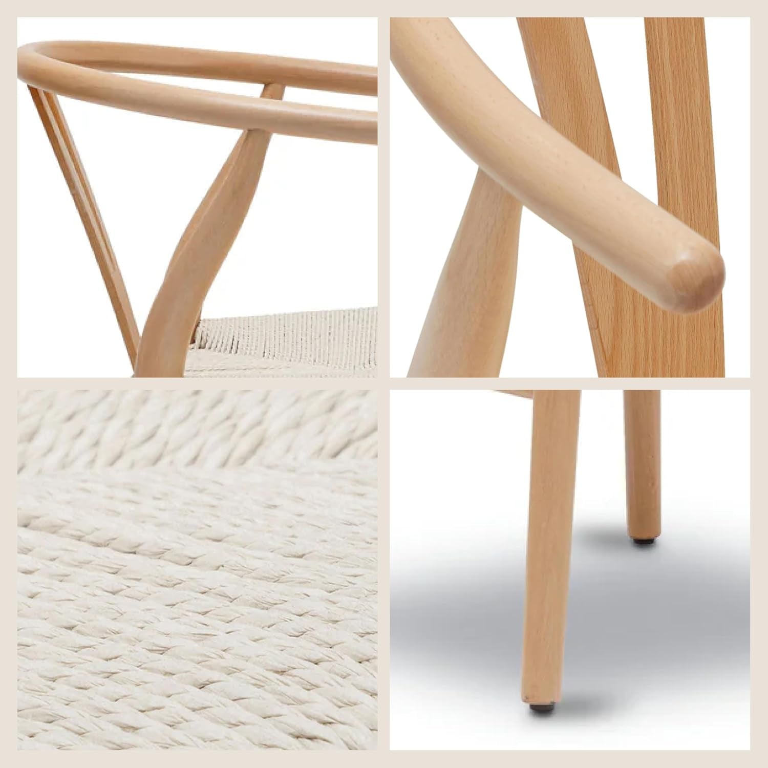 Detail collage showing curved wooden arm, close-up of hand-woven rope seat texture, and rounded wood leg tip