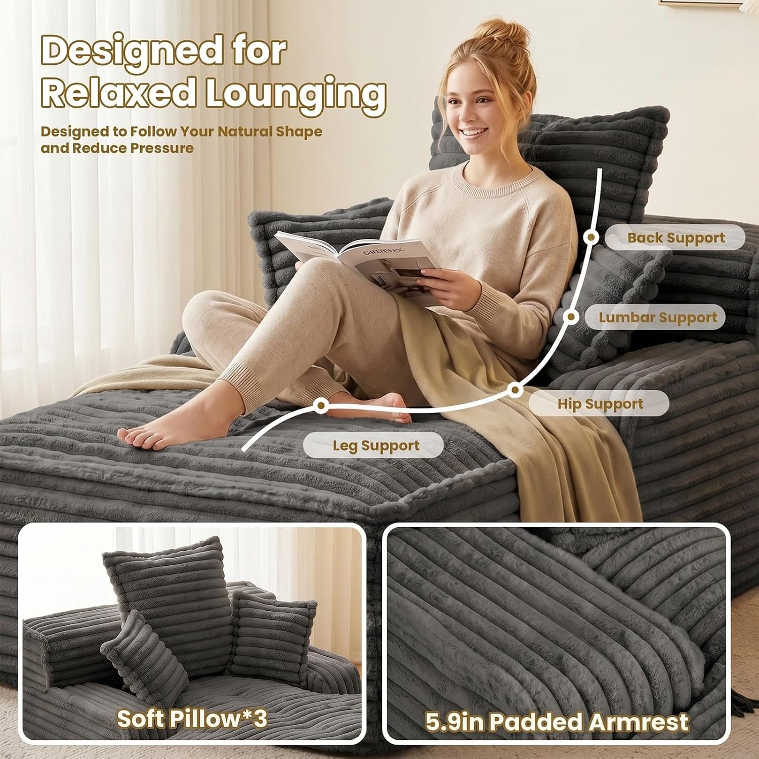 Person lounging on a charcoal gray deep-seat chaise with support callouts and two inset close-ups.