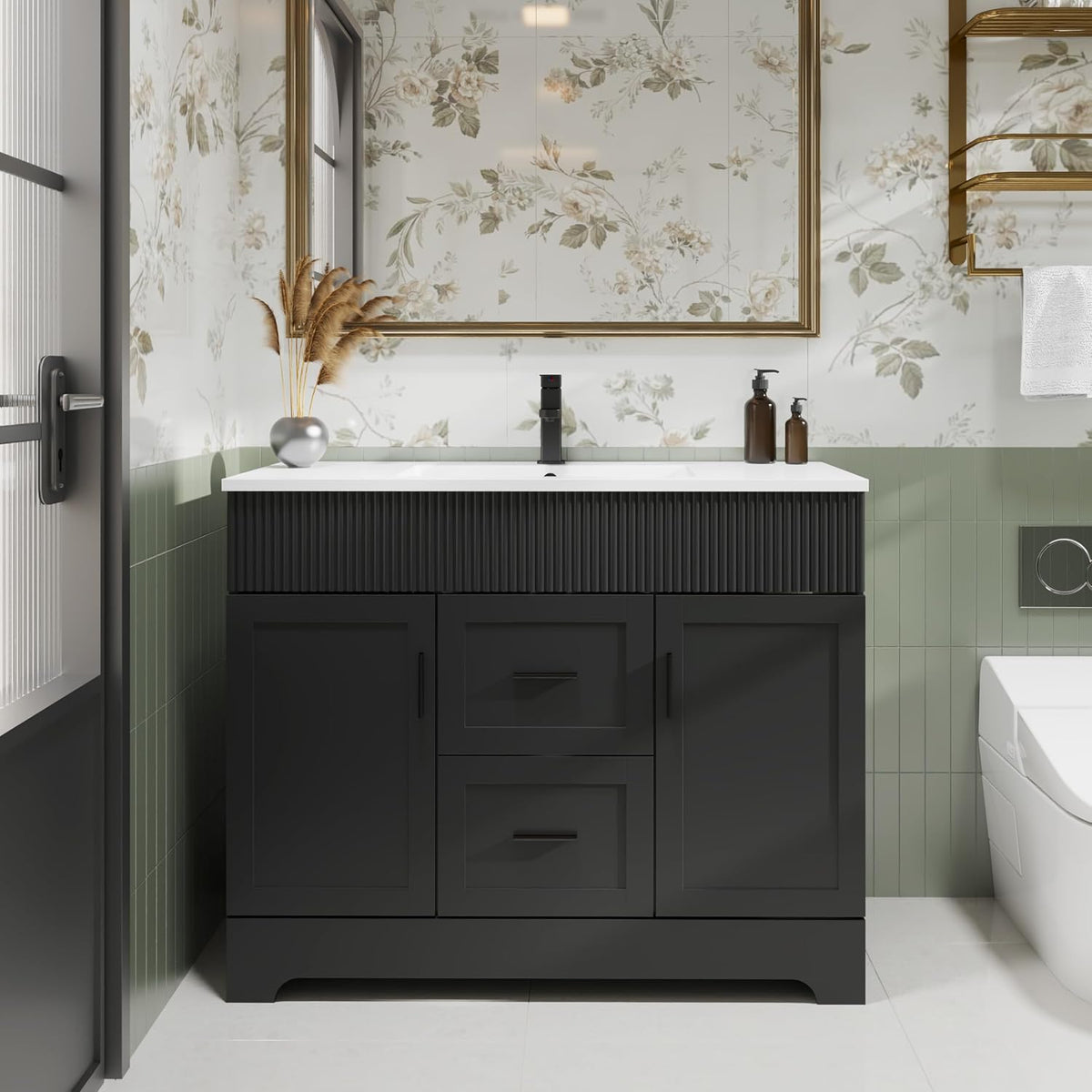 Front view of a single-sink matte black bathroom vanity with ribbed upper panel and black faucet.