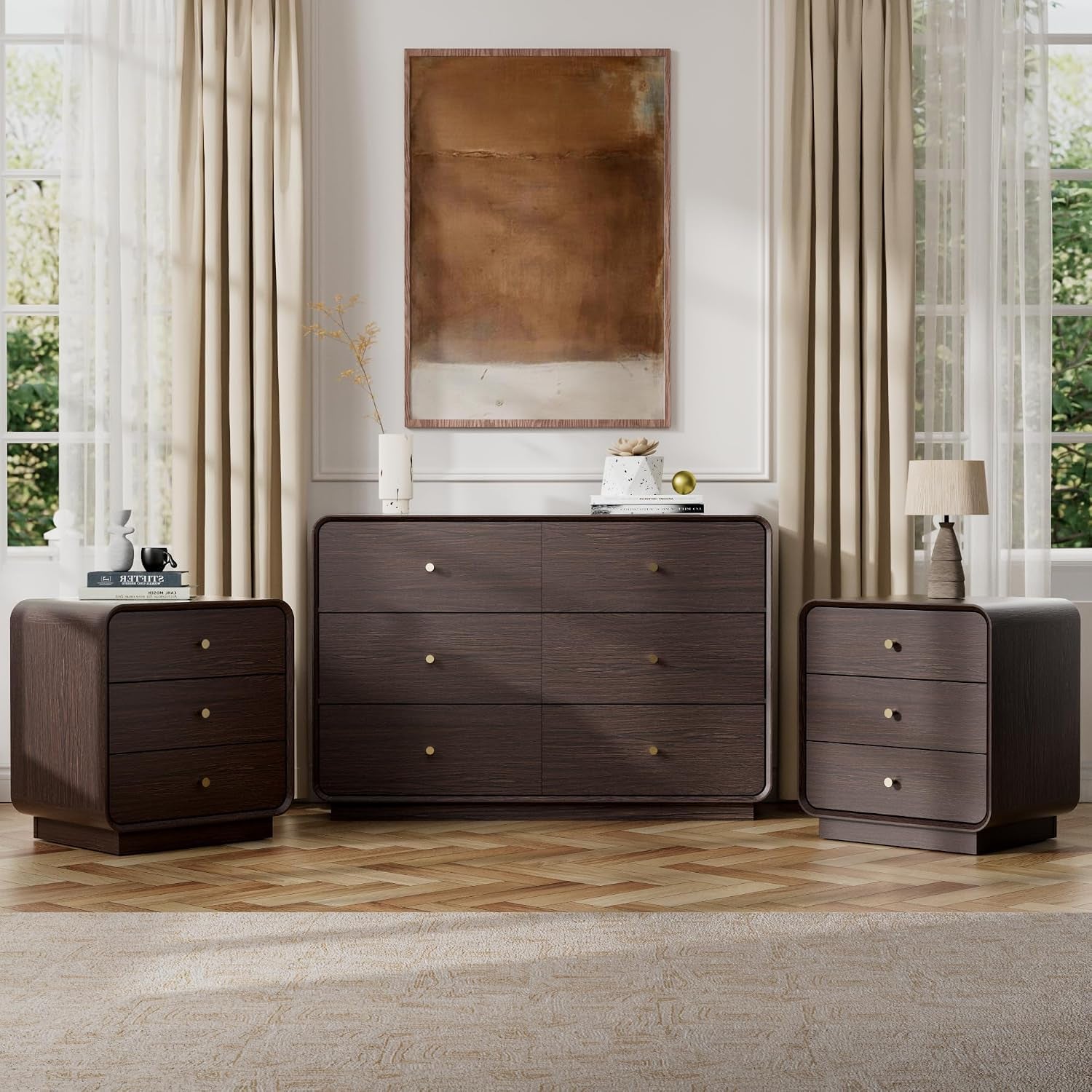 Wide dresser in dark brown wood with two three-drawer nightstands on either side