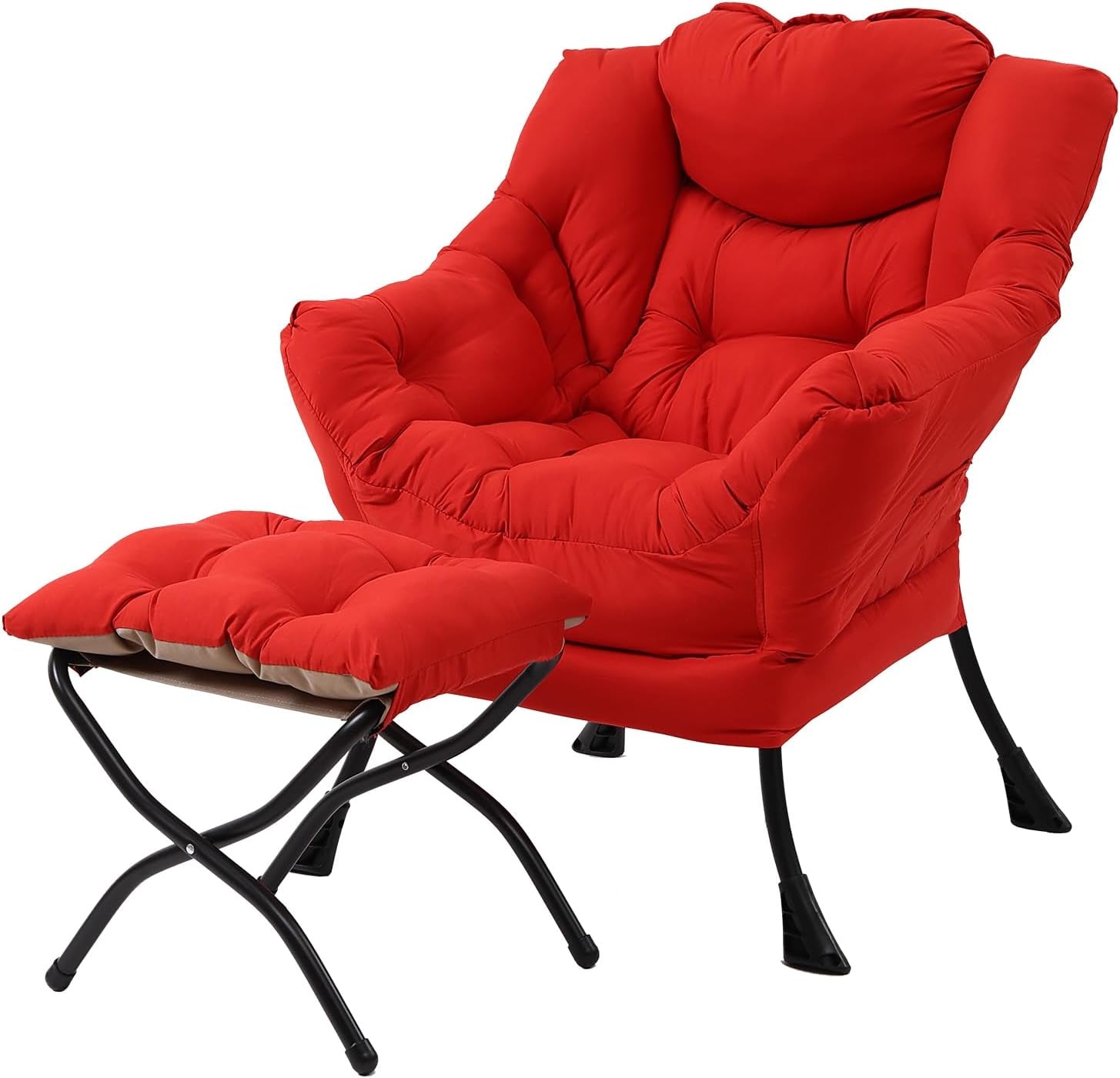 Plush cushioned lounge chair in bright red with tufted seat and matching ottoman on black metal legs.