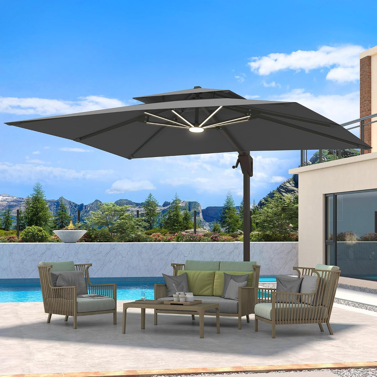 Grey cantilever patio umbrella fully open over poolside seating, angled front view showing offset pole and canopy.
