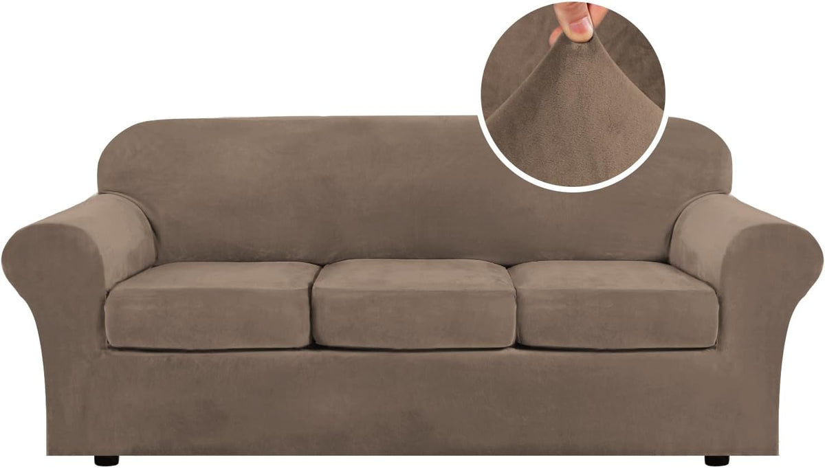 Front view of a three-seat sofa in a warm taupe stretch velvet slipcover with a circular close-up of the fabric.