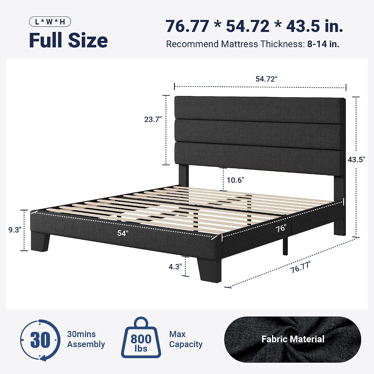 Dimension diagram for a dark gray full bed frame with slats, measurements, capacity and assembly details.