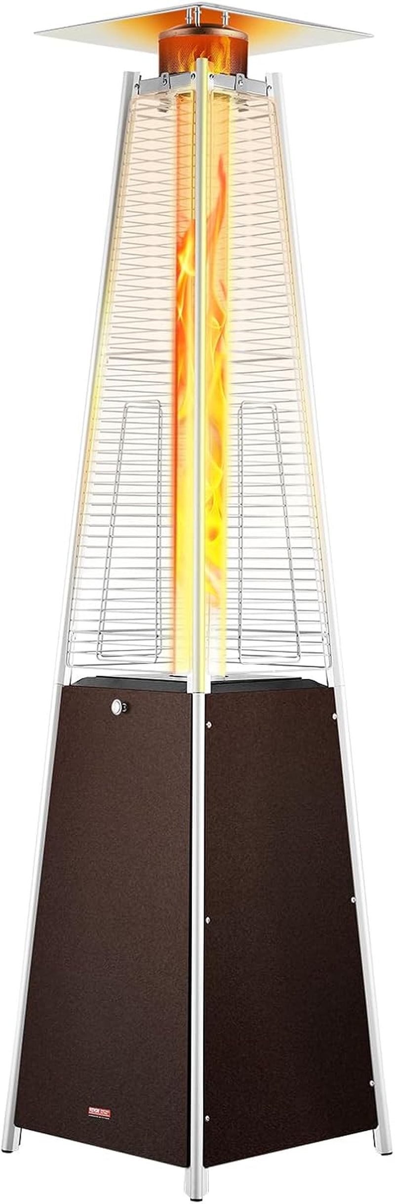 Pyramid patio heater illustration showing central vertical flame inside glass tube and metal safety cage