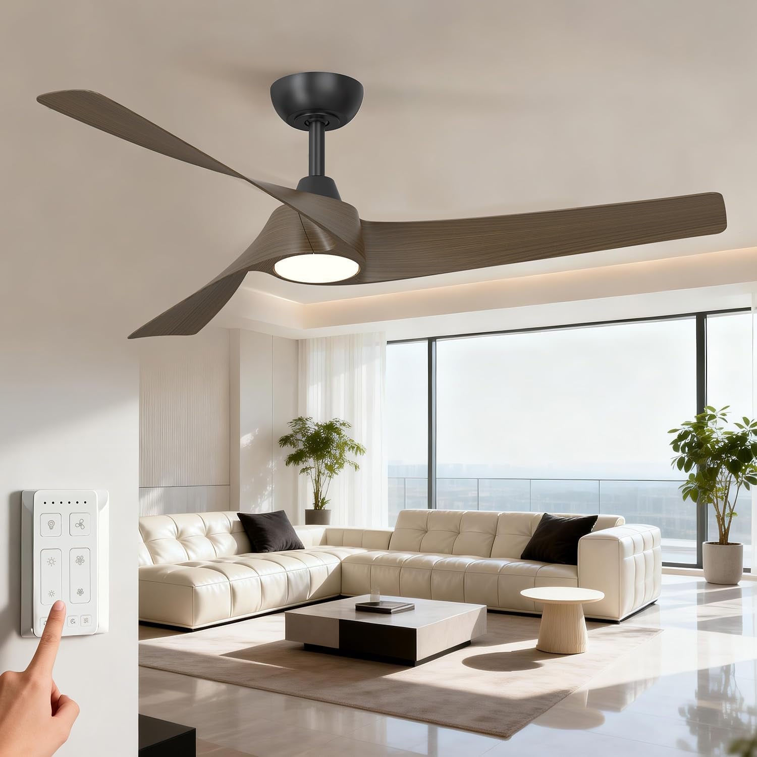 Three-blade dark walnut ceiling fan with illuminated center mounted over the same contemporary living room.