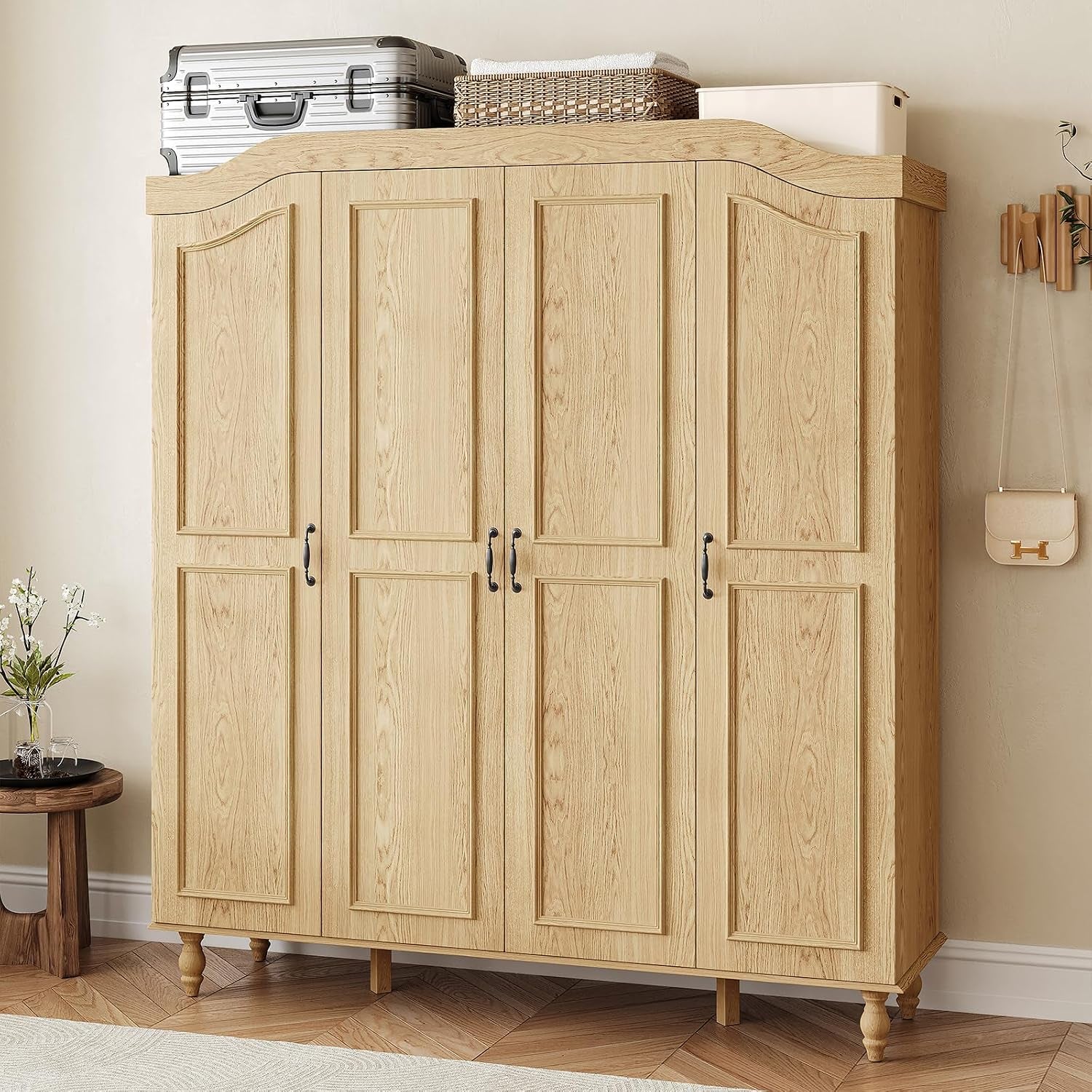 71" H Arched Armoire Wardrobe Closet with 4 Doors, Wooden, White | Large Capacity Wardrobe Cabinet with 2, gallery view 10