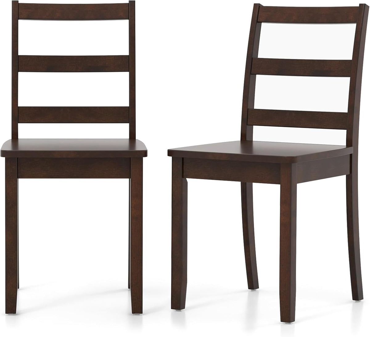 Two brown ladder-back chairs shown front-left and three-quarter right, highlighting seat edges and tapered legs
