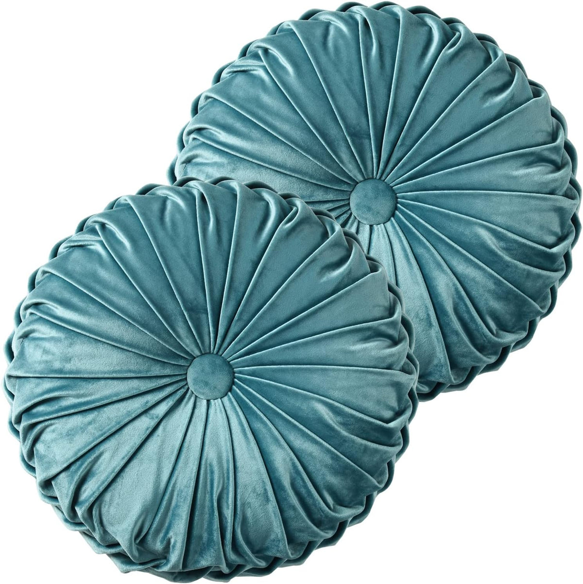 Pair of round ruched teal velvet pillows overlapping on a white background showing pleated detail.