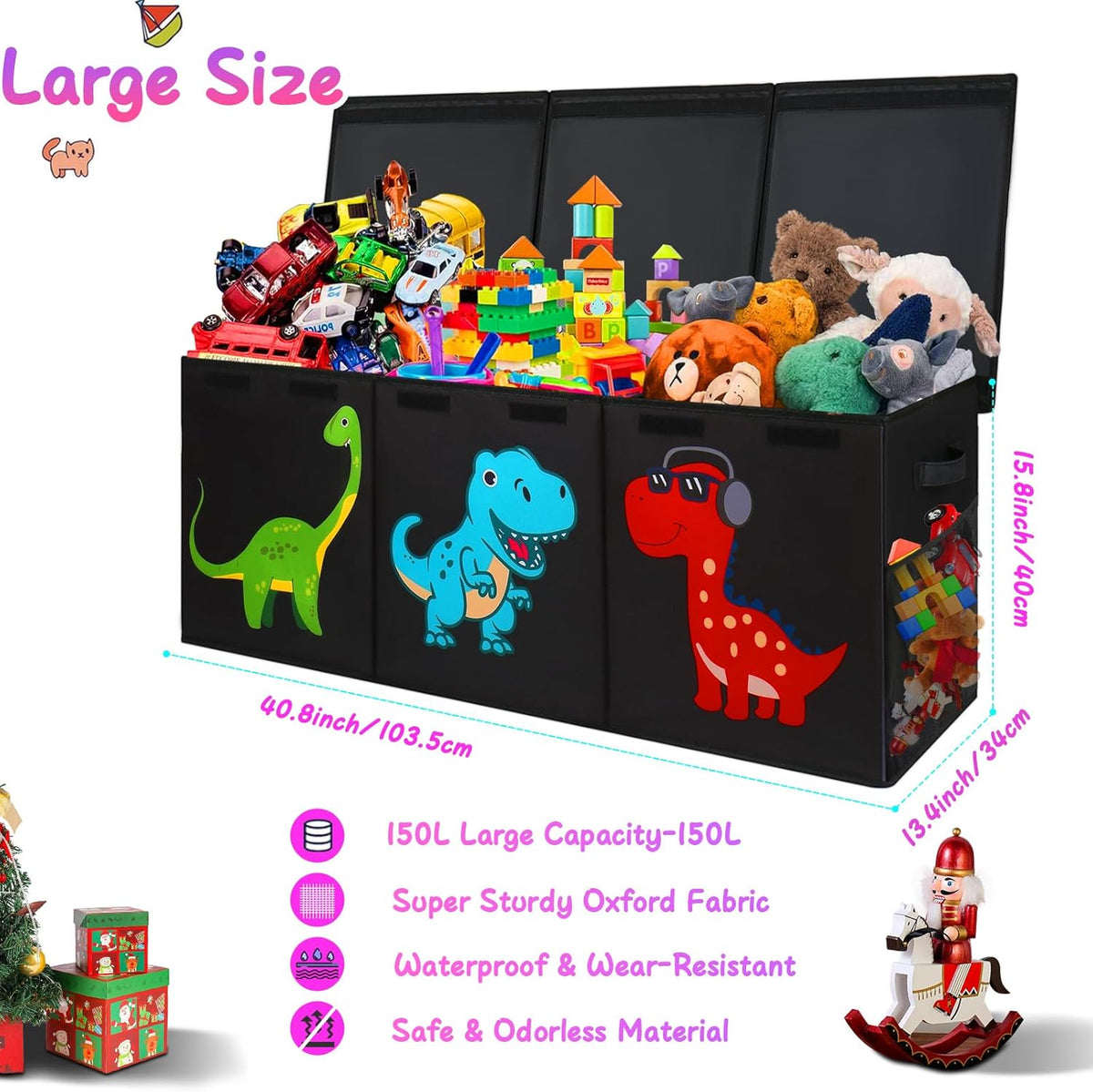 Front view of the three-section toy box with lids open, stuffed with toys and overlaid measurement lines at the base and