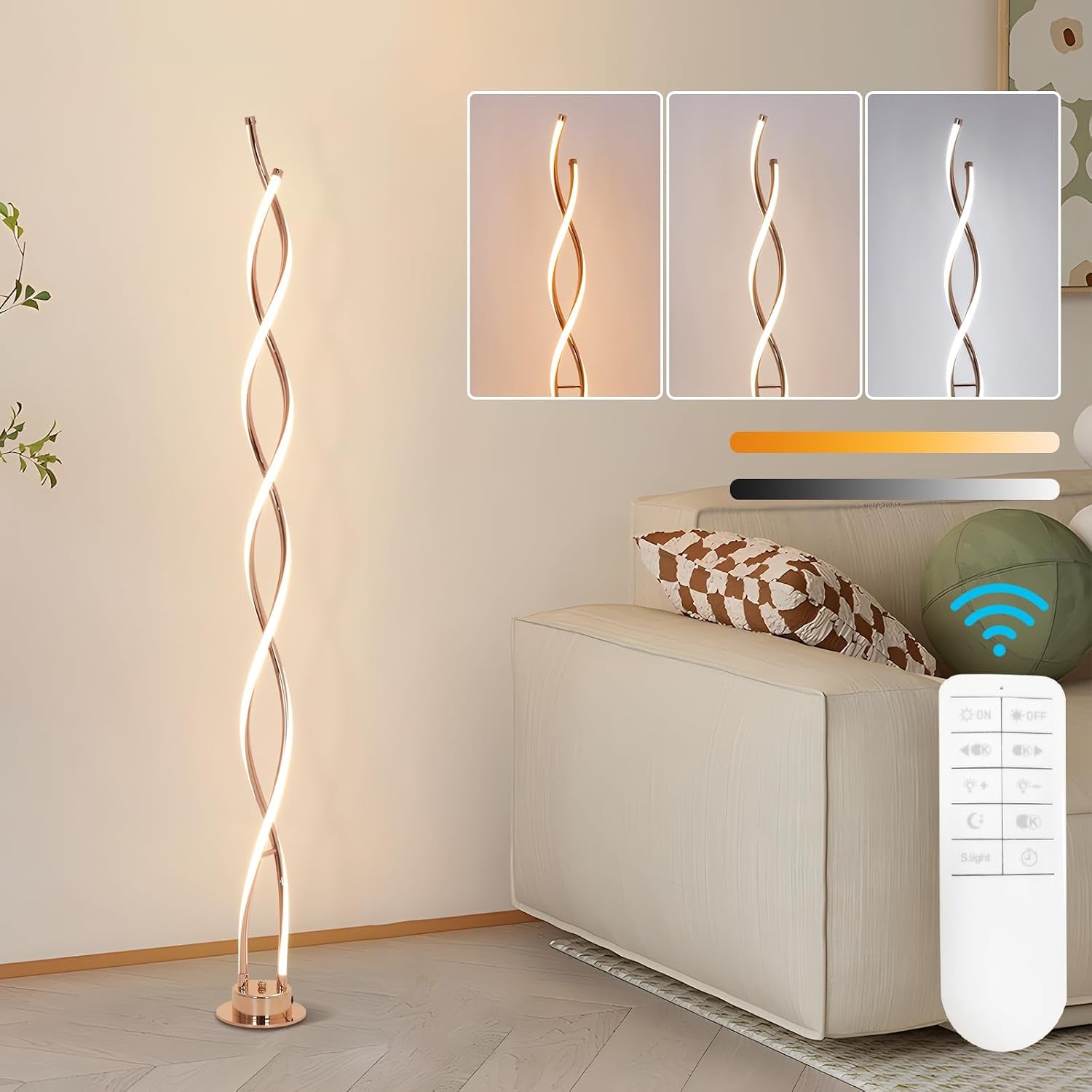 Slim twisted LED floor lamp lit in a living room corner next to a cream sofa, remote control graphic overlay.