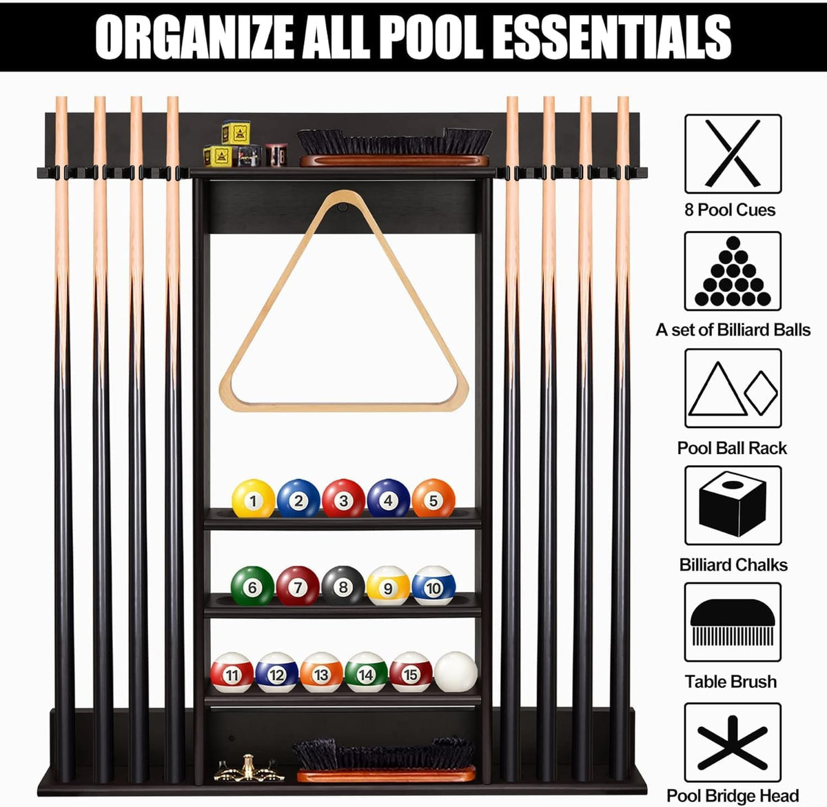 Front view of the rack with pool cues and balls, plus icons along the right illustrating included accessories