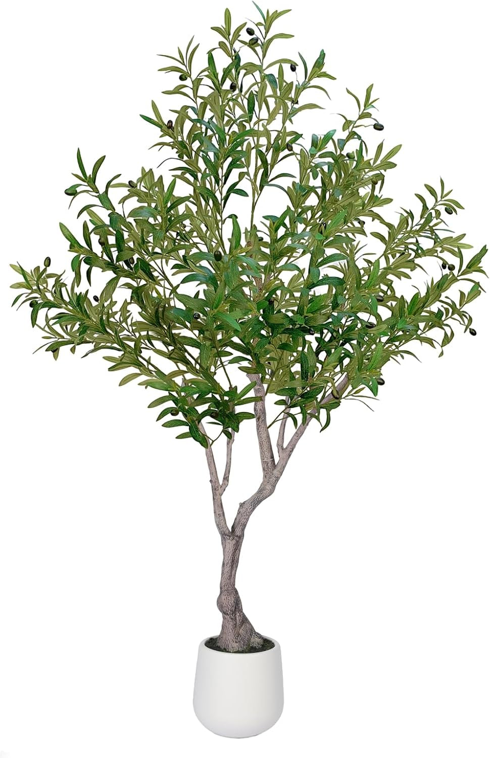 Full 6 ft artificial olive tree with twisted multi-trunk and white rounded planter on plain background