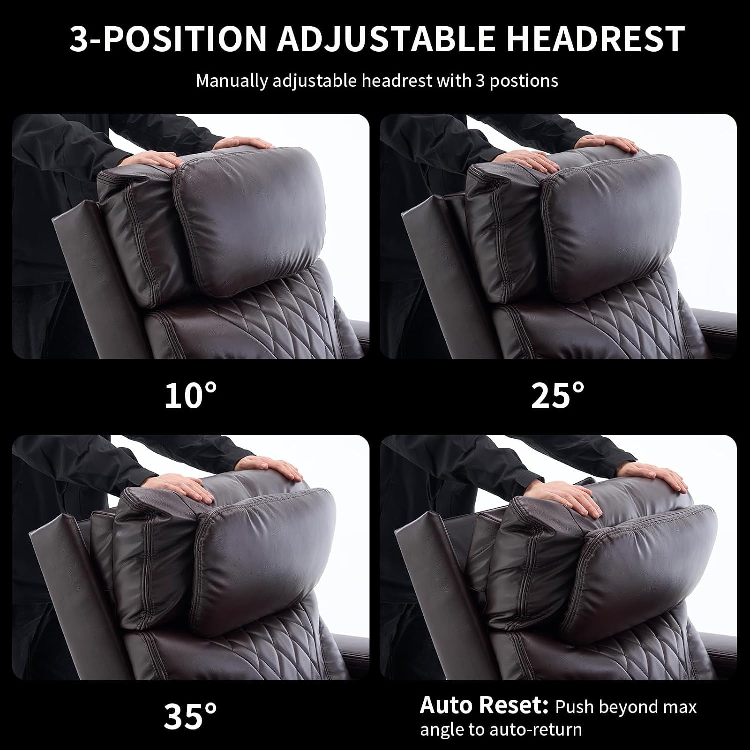 Four-panel collage showing the recliner's manually adjustable headrest in multiple tilt positions