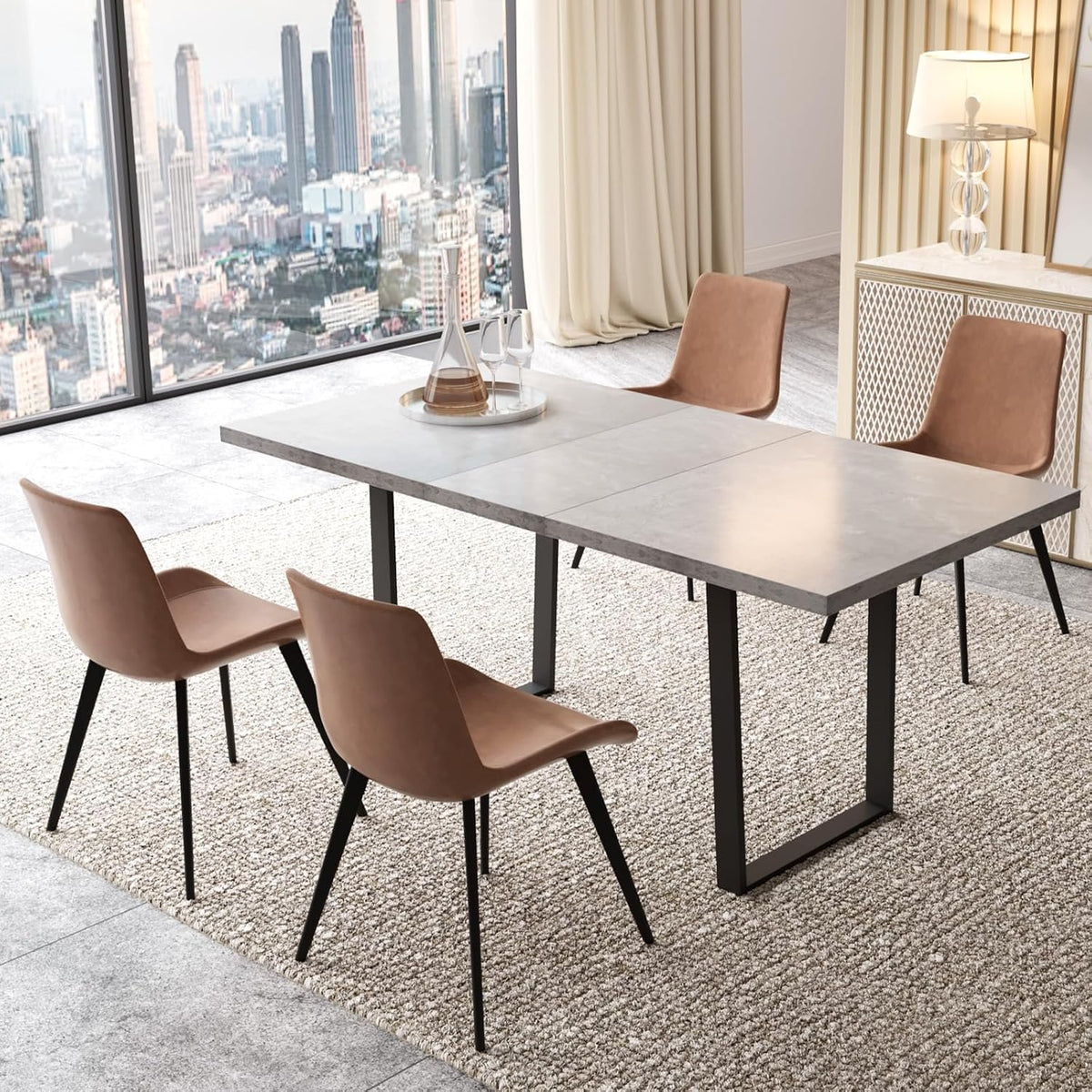 Rectangular gray tabletop with black metal U-legs and four tan PU chairs on a textured rug.