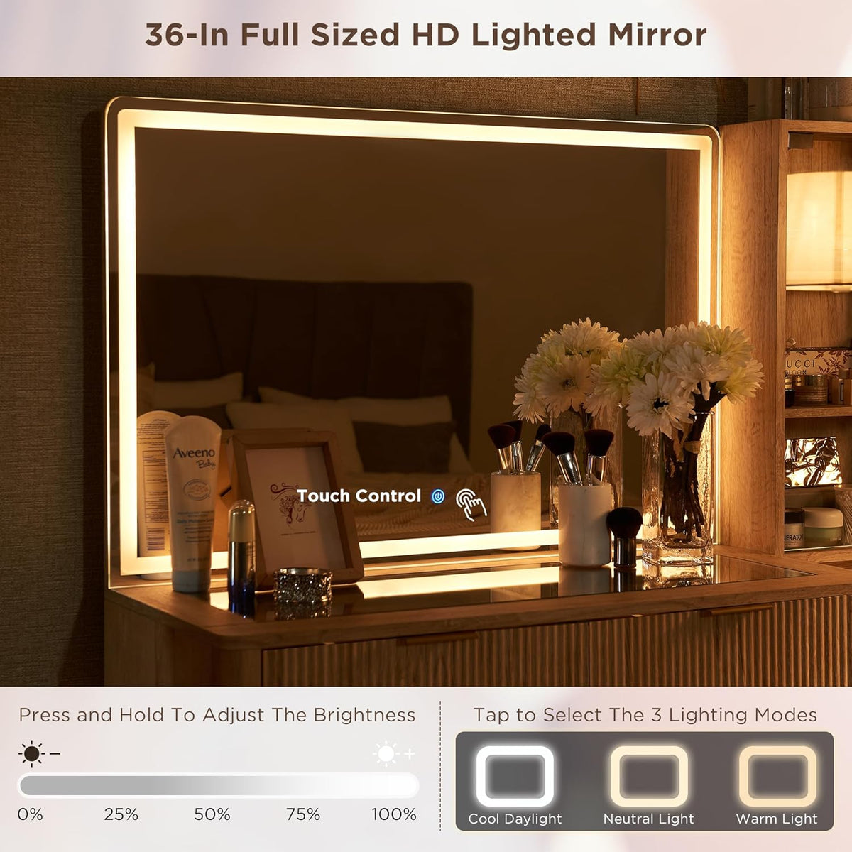 Close-up of the 36-inch HD lighted mirror showing warm illumination and touch control on the mirror surface