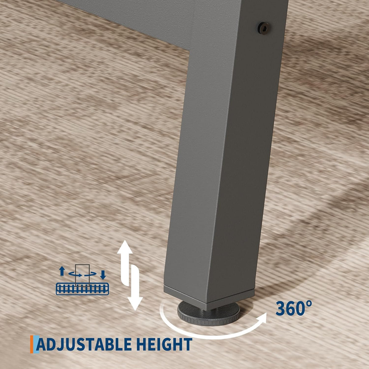 Tapered metal leg ending in a round adjustable leveling foot shown on a wood floor.