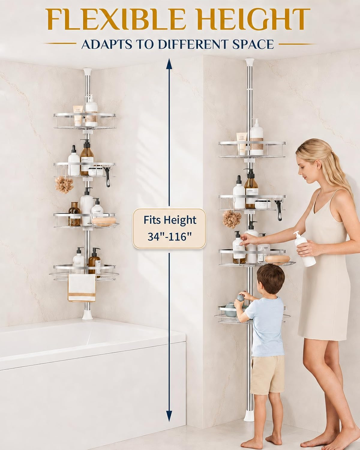 Two installations of the corner caddy in bathrooms showing adjustable height range labeled 34"–116"