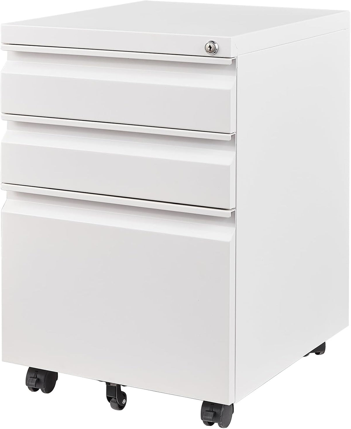 White three-drawer metal mobile filing cabinet on caster wheels with a top-right lock.