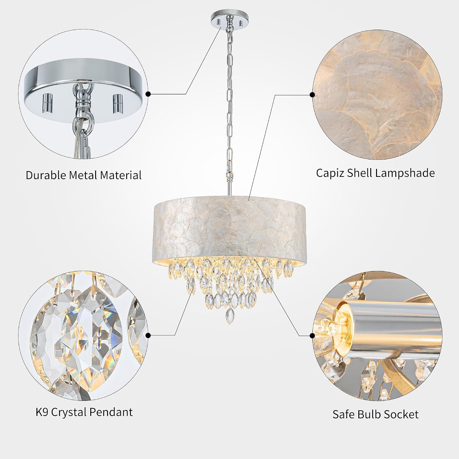 Detail collage highlighting the metal canopy, capiz shell lampshade, K9 crystal pendant and E12 bulb socket close-ups.