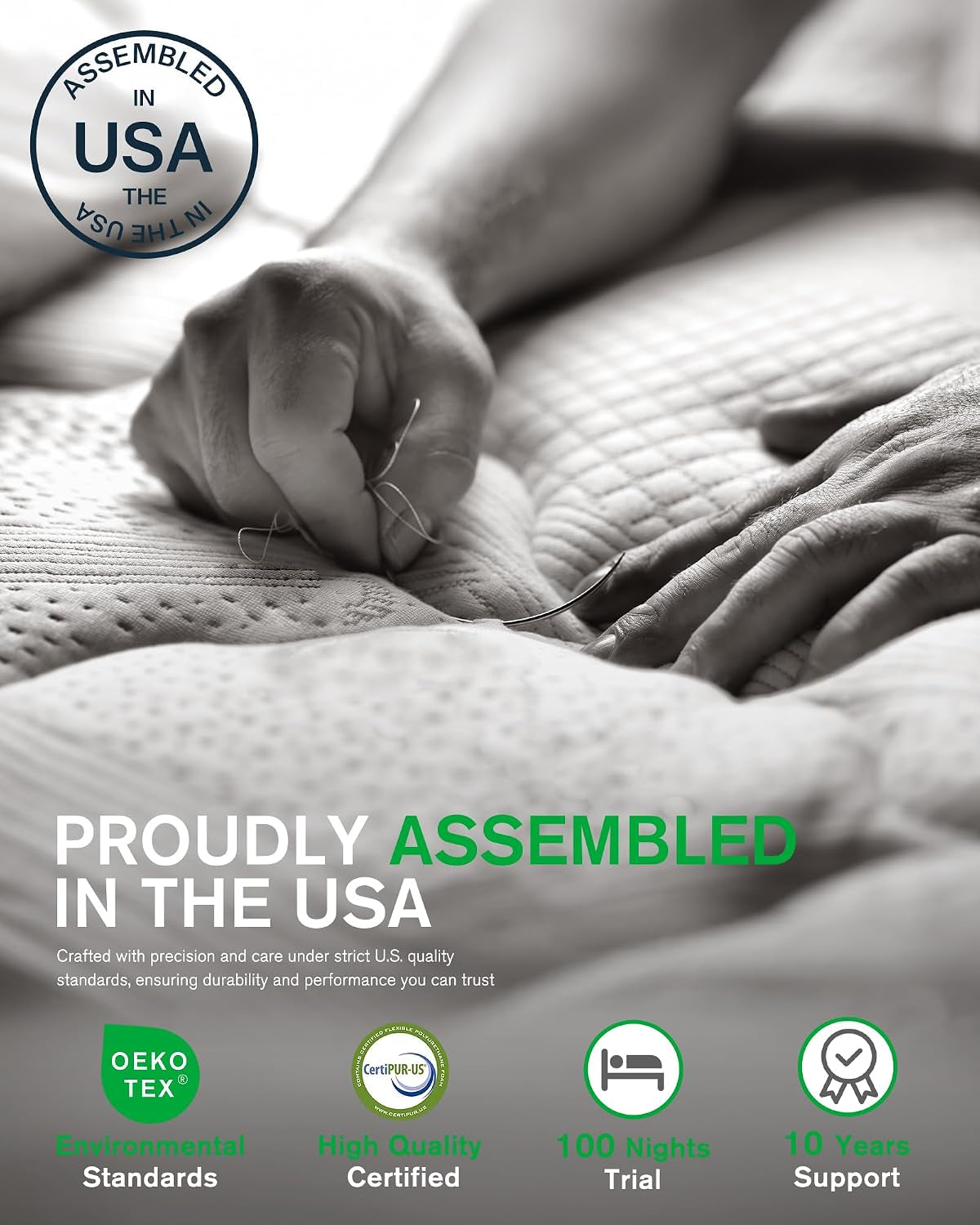Close-up of hands sewing mattress fabric with assembly, certification, trial and support graphics.