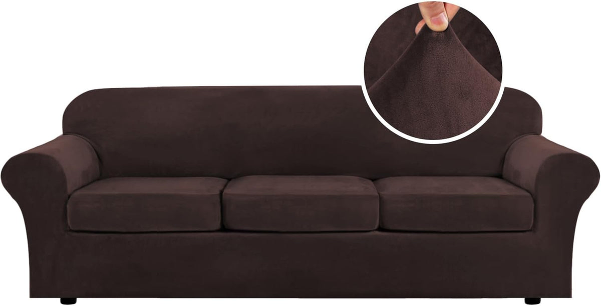 Full-width three-seat sofa in deep chocolate brown with circular inset showing a hand pinching the fabric