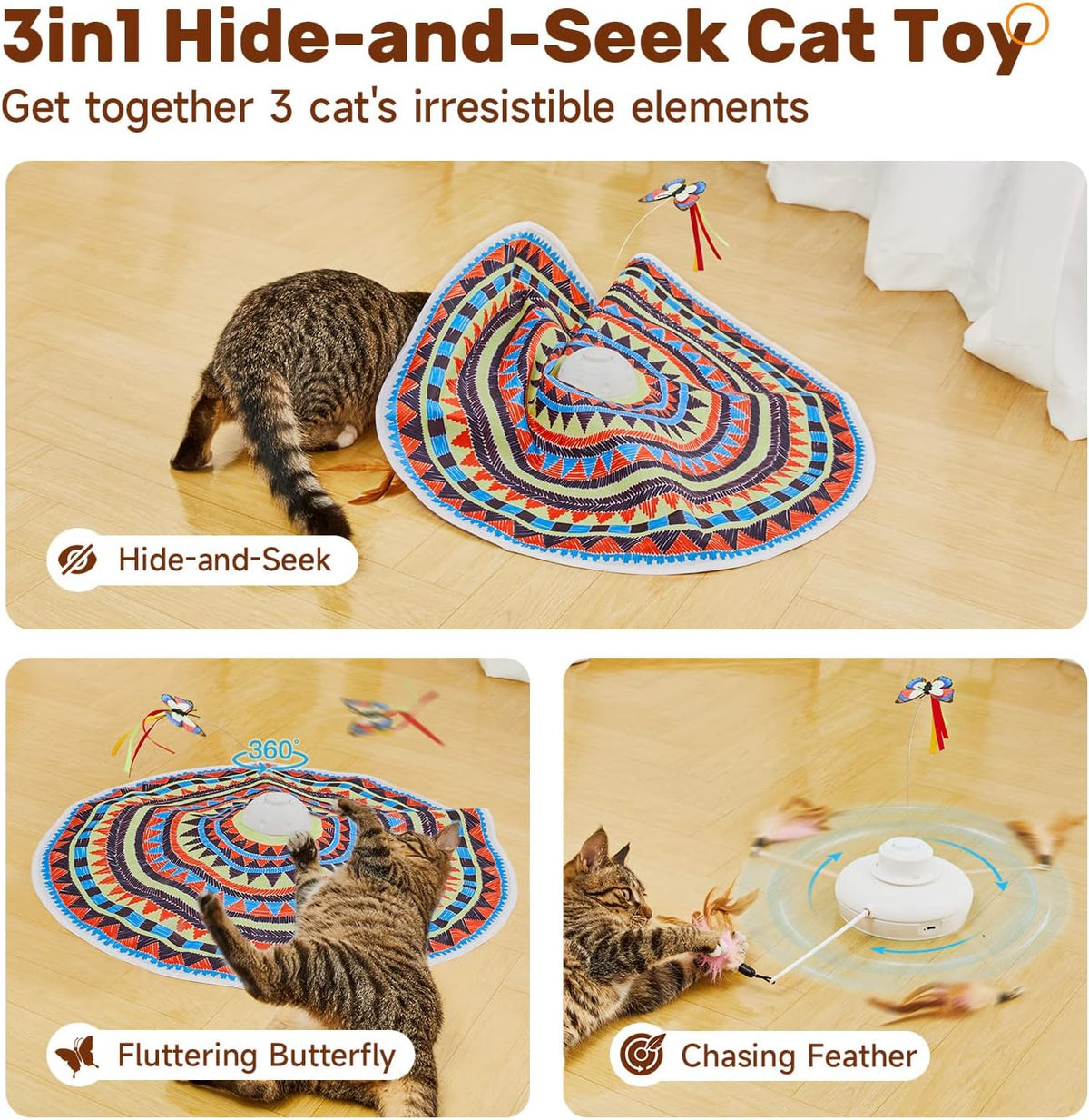 Composite detail — three panels showing a cat entering under the mat, a cat rolling as a fluttering butterfly spins, and a