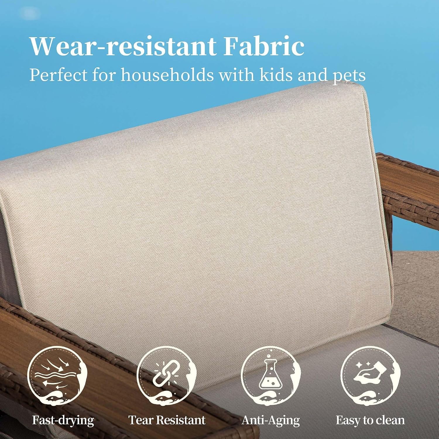 Close-up of beige spun fabric back cushion highlighting the textured, wear-resistant upholstery
